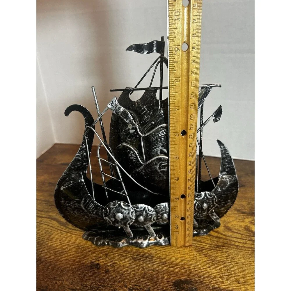 Vintage Black Metal Viking Ship Sculpture Nordic Dragon Boat Home Decor 9.5 Inch